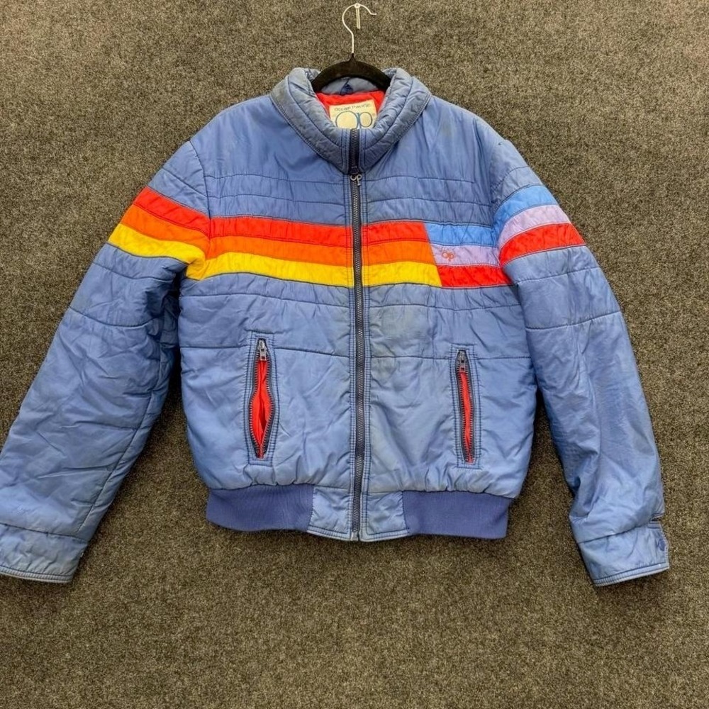 Vintage Ocean Pacific Puffer Jacket Mens M Blue Rainbow Striped 80s Rare